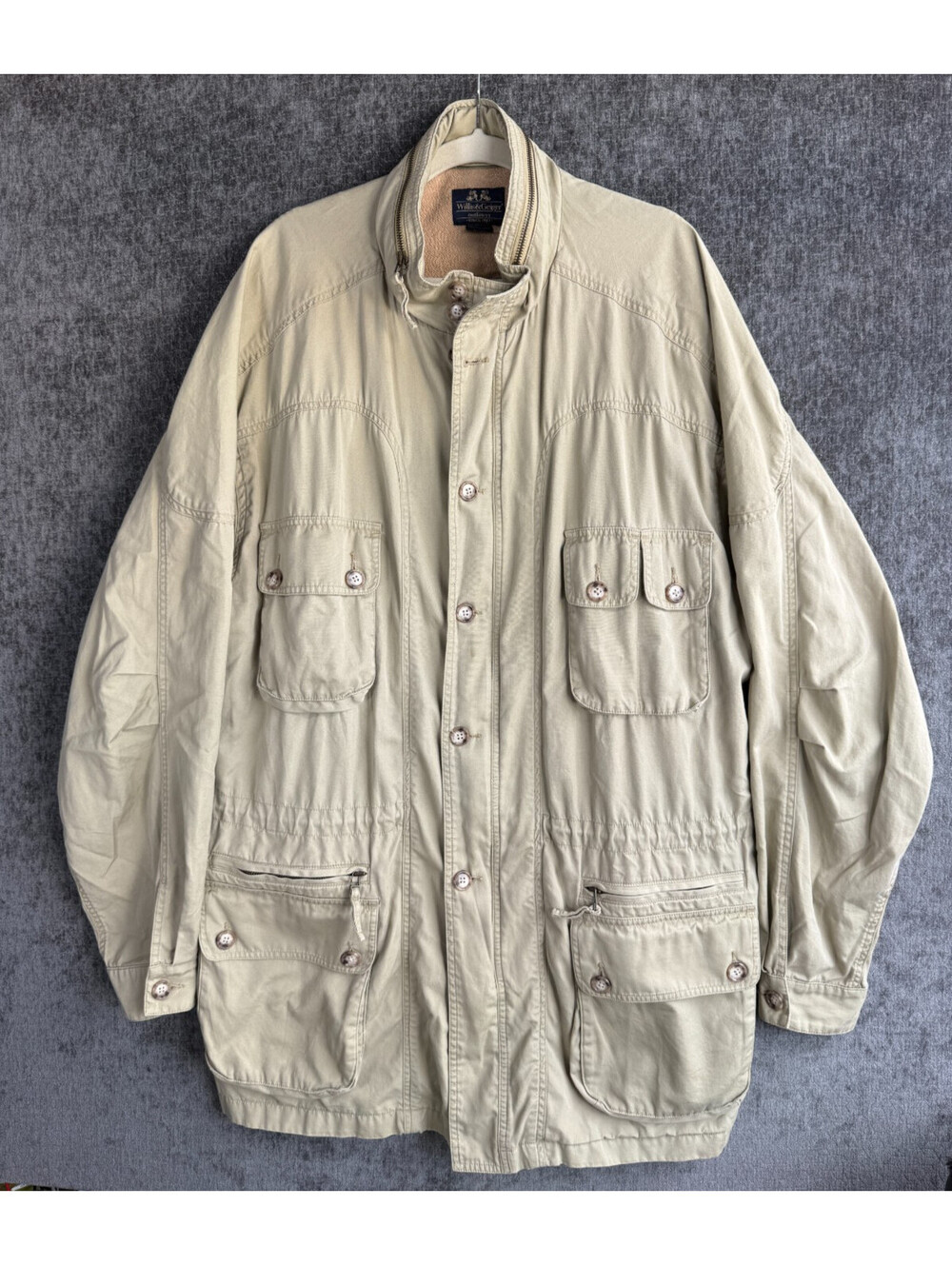 Vintage Willis & Geiger Bush Poplin Safari Field Jacket Mens XL Tan Cotton